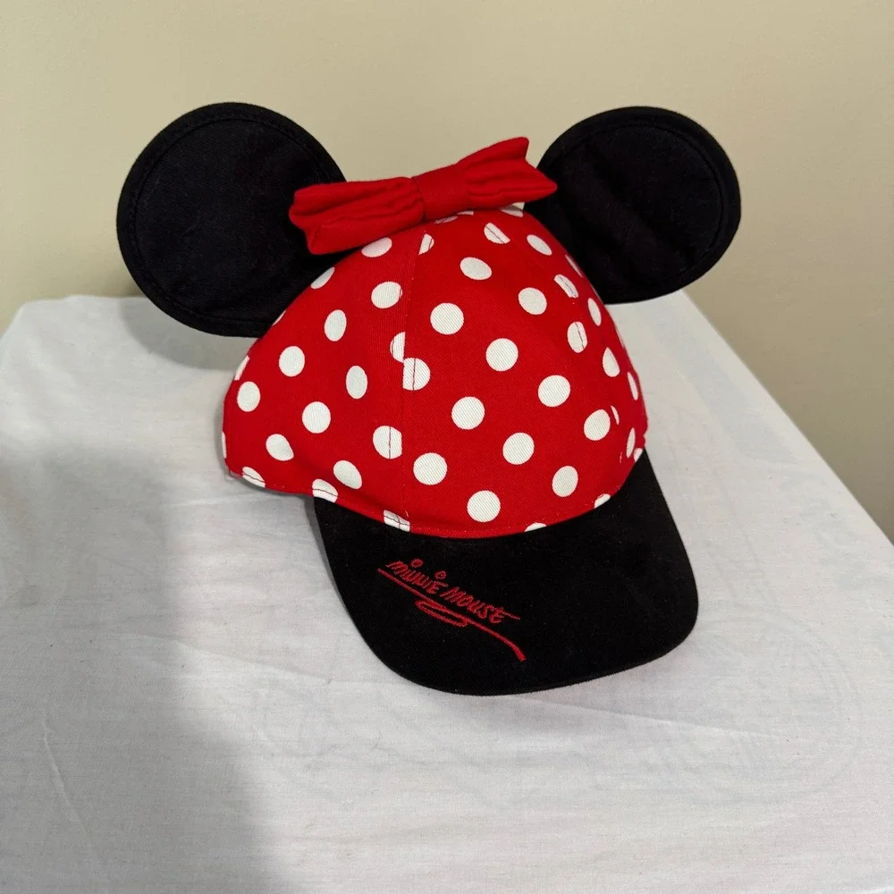 Disney Parks Minnie Mouse‎ Polka Dot Snapback Hat Youth Red White Ears Bow Cap